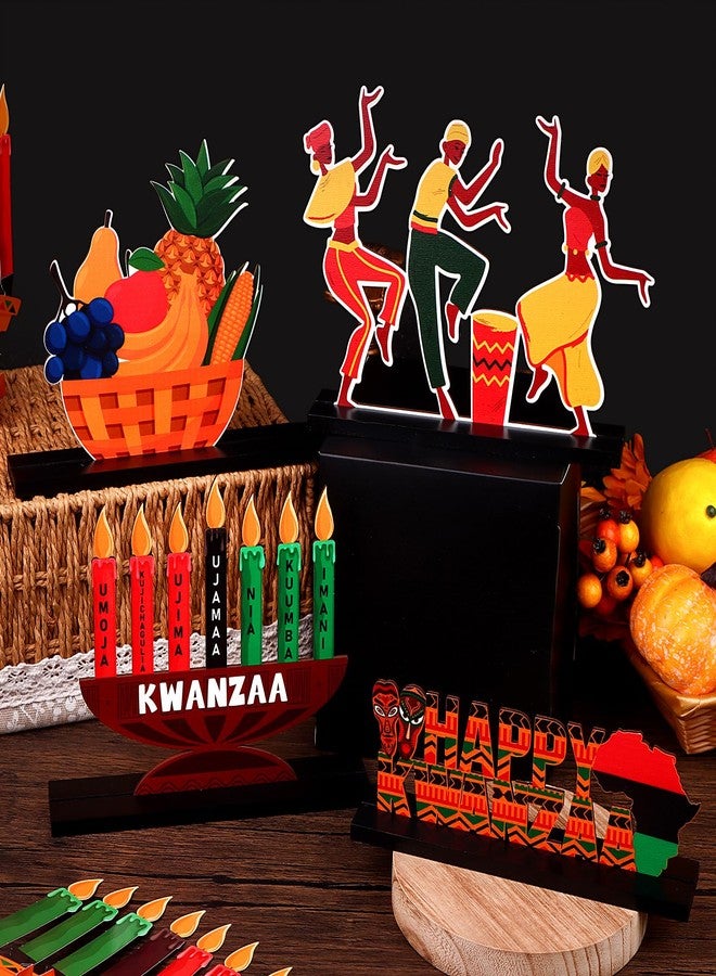Shknldzsm 4Pcs Happy Kwanzaa Table Centerpiece Wooden Sign Table Topper Kwanzaa Kinara African Drum Fruit Table Signs Decorations for African Heritage Holiday Party Supplies - Image 5